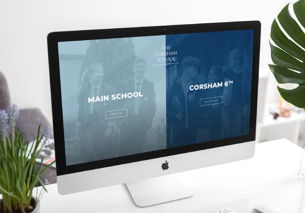 The Corsham School split landing page on iMac