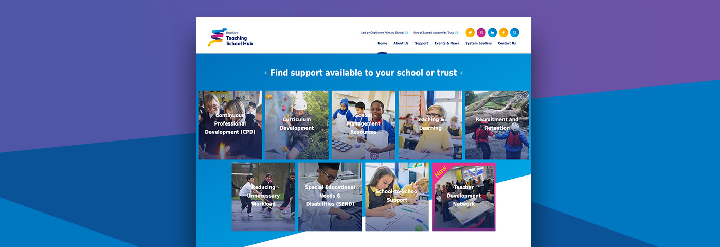 Mockup of Bradford Teaching School Hub on tablet with blue & purple background